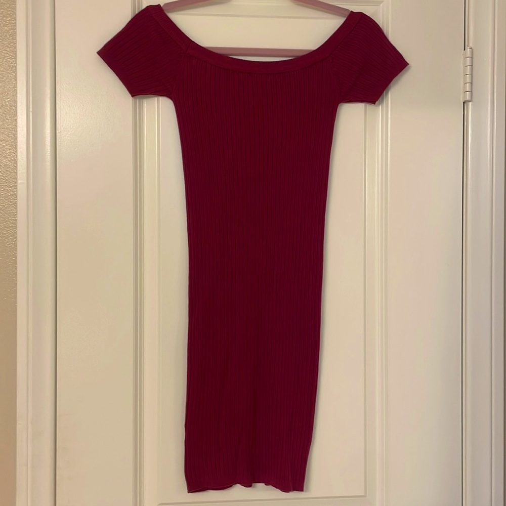 Maroon off the shoulder sweater midi dress